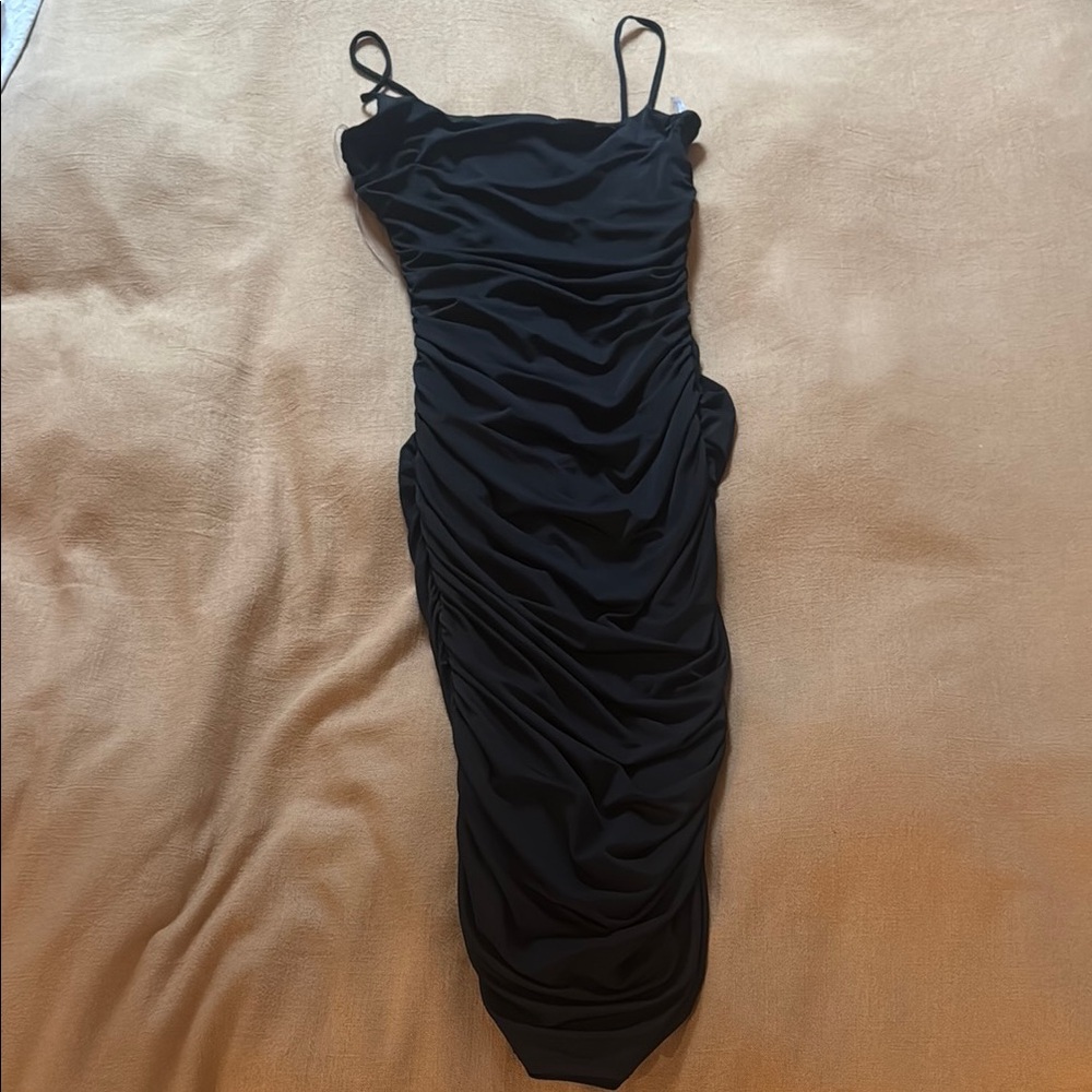 Black Ruched Midi Dress with Spaghetti Straps